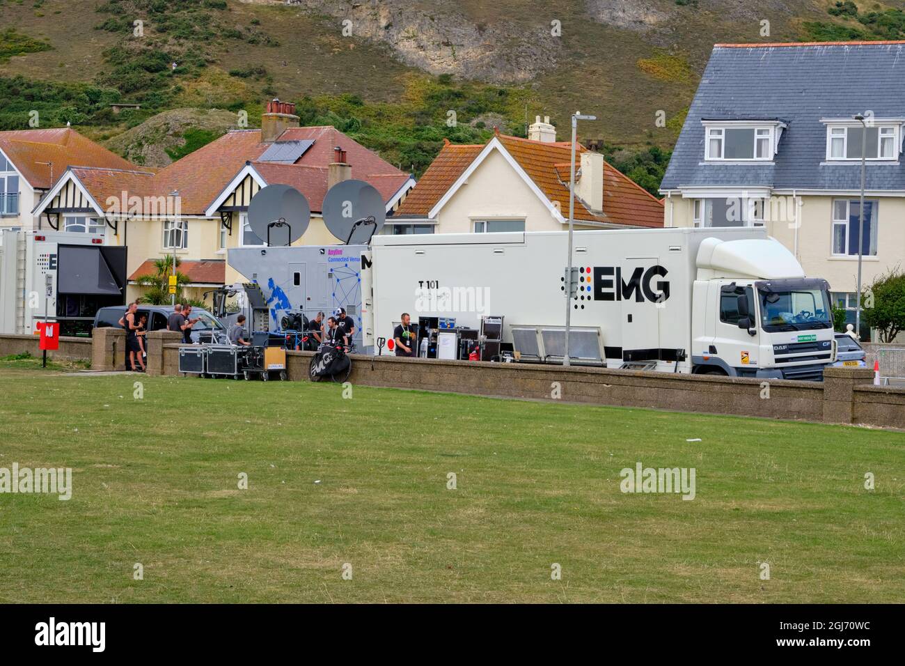 Outside broadcast trucks on West Shore, Llandudno for the finish of the Tour of Britain 2021 Stage 4 Stock Photo