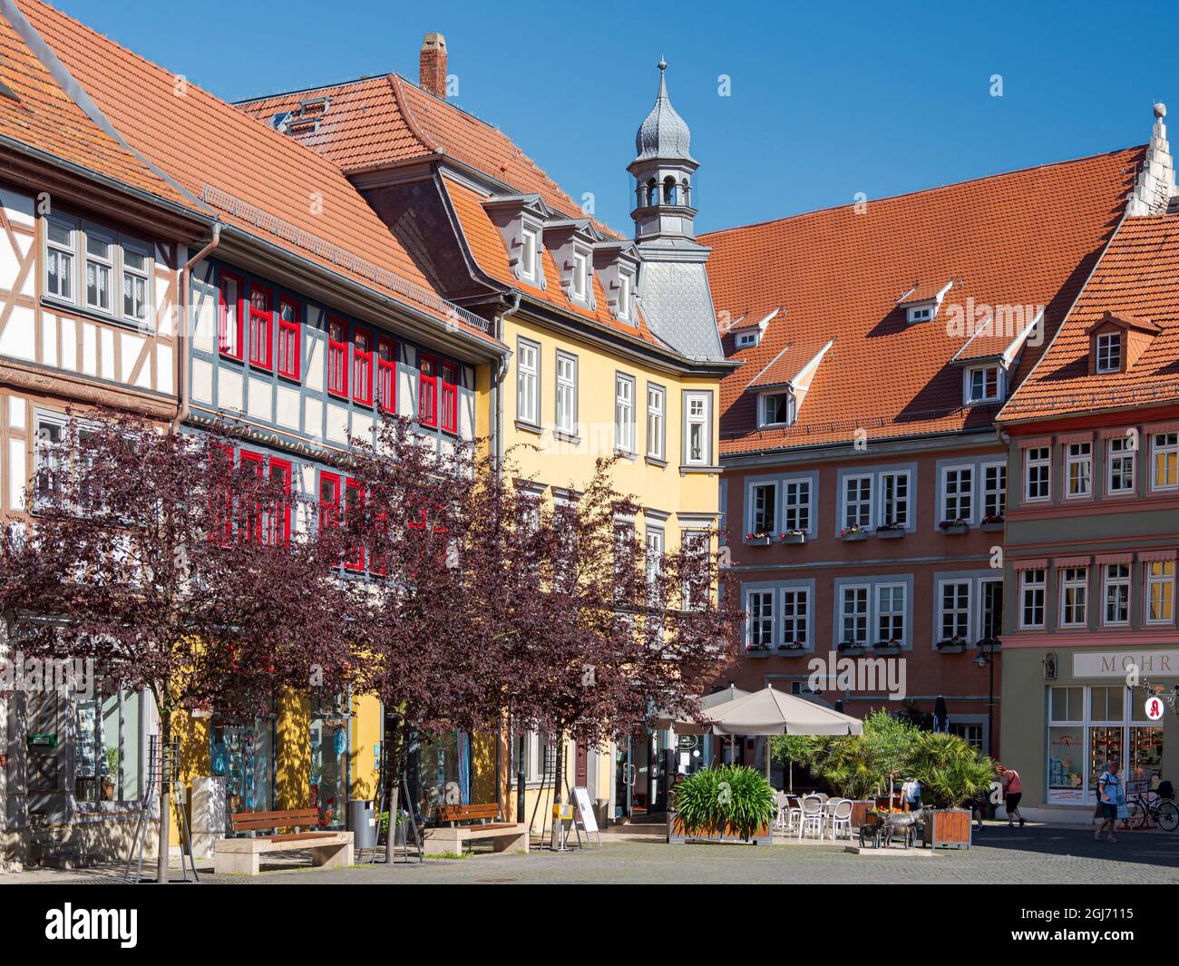 Old town houses built with traditional timber framing at the square Neumarkt. The medieval town and spa Bad Langensalza in Thuringia. Germany Stock Photo