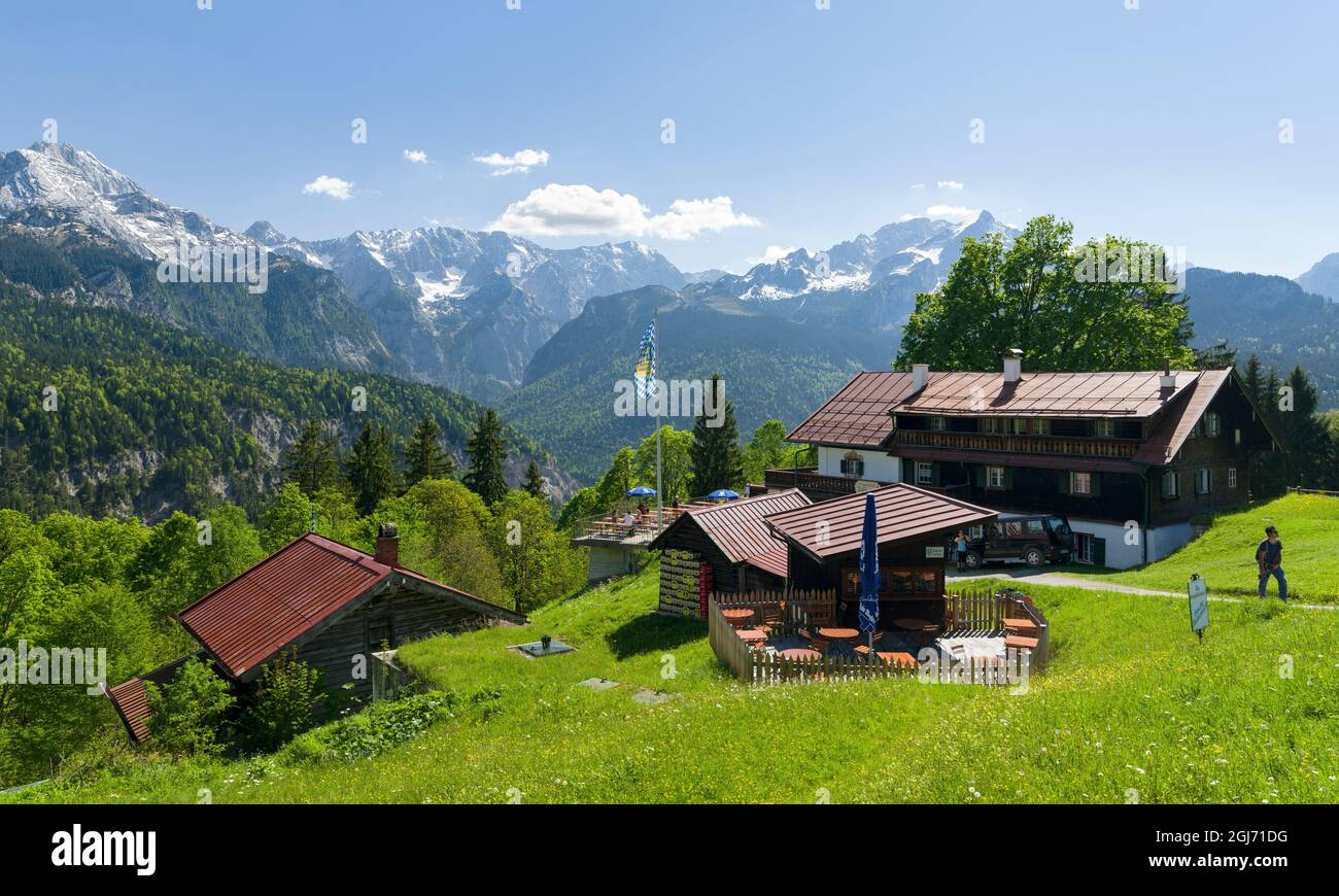 Wetterstein mountain range seen from moutain inn Eckbauer, near Garmisch Partenkirchen. Central Europe, Germany, Bavaria. (Editorial Use Only) Stock Photo