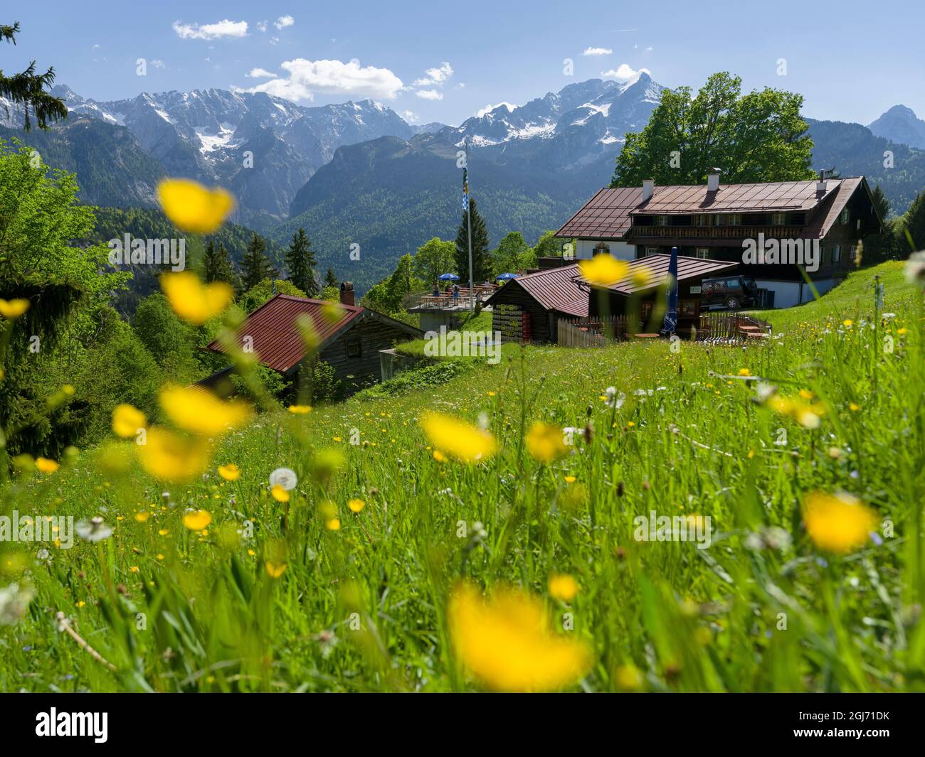 Wetterstein mountain range seen from moutain inn Eckbauer, near Garmisch Partenkirchen. Central Europe, Germany, Bavaria. (Editorial Use Only) Stock Photo