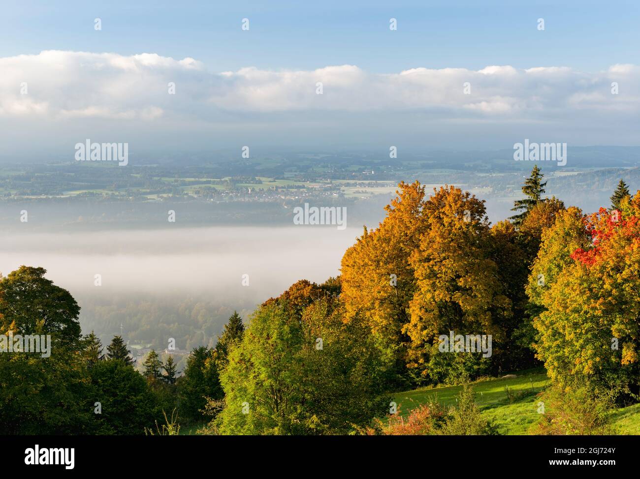 Landscape at Mt. Hoher Peissenberg during sunrise, the view towards the Alps, Wetterstein Mountain Range. Mt. Hoher Peissenberg is located in the foot Stock Photo