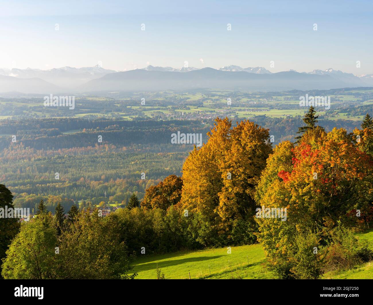 Landscape at Mt. Hoher Peissenberg during sunrise, the view towards the Alps, Wetterstein Mountain Range. Mt. Hoher Peissenberg is located in the foot Stock Photo