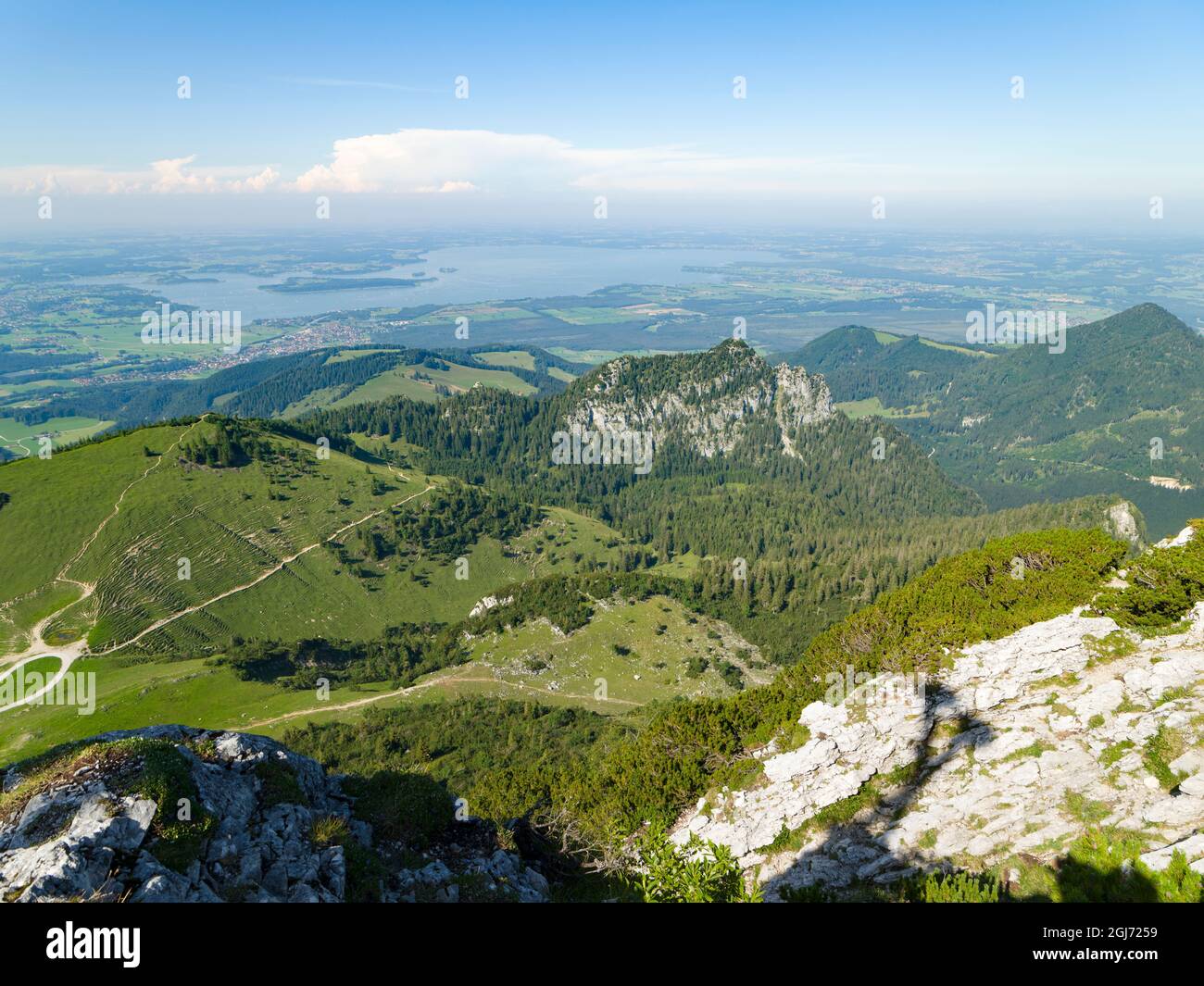 View towards lake Chiemsee and the foothills of the Alps near Rosenheim and Prien. Europe, Germany, Bavaria Stock Photo