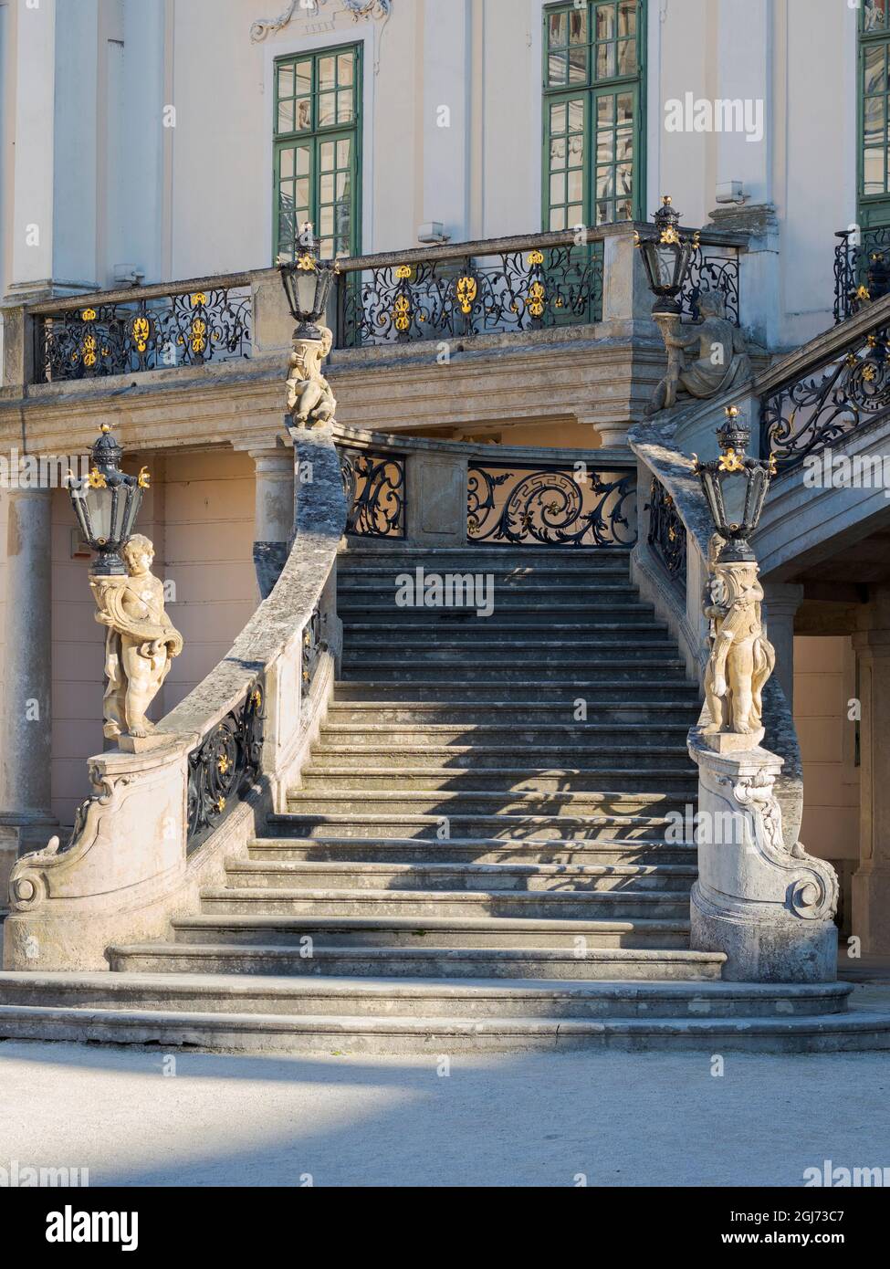 The grand staircase. Esterhazy Palace also called Eszterhaza or Fertoed. Part of UNESCO World Heritage Site Fertoe - Neusiedlersee Cultural Landscape. Stock Photo