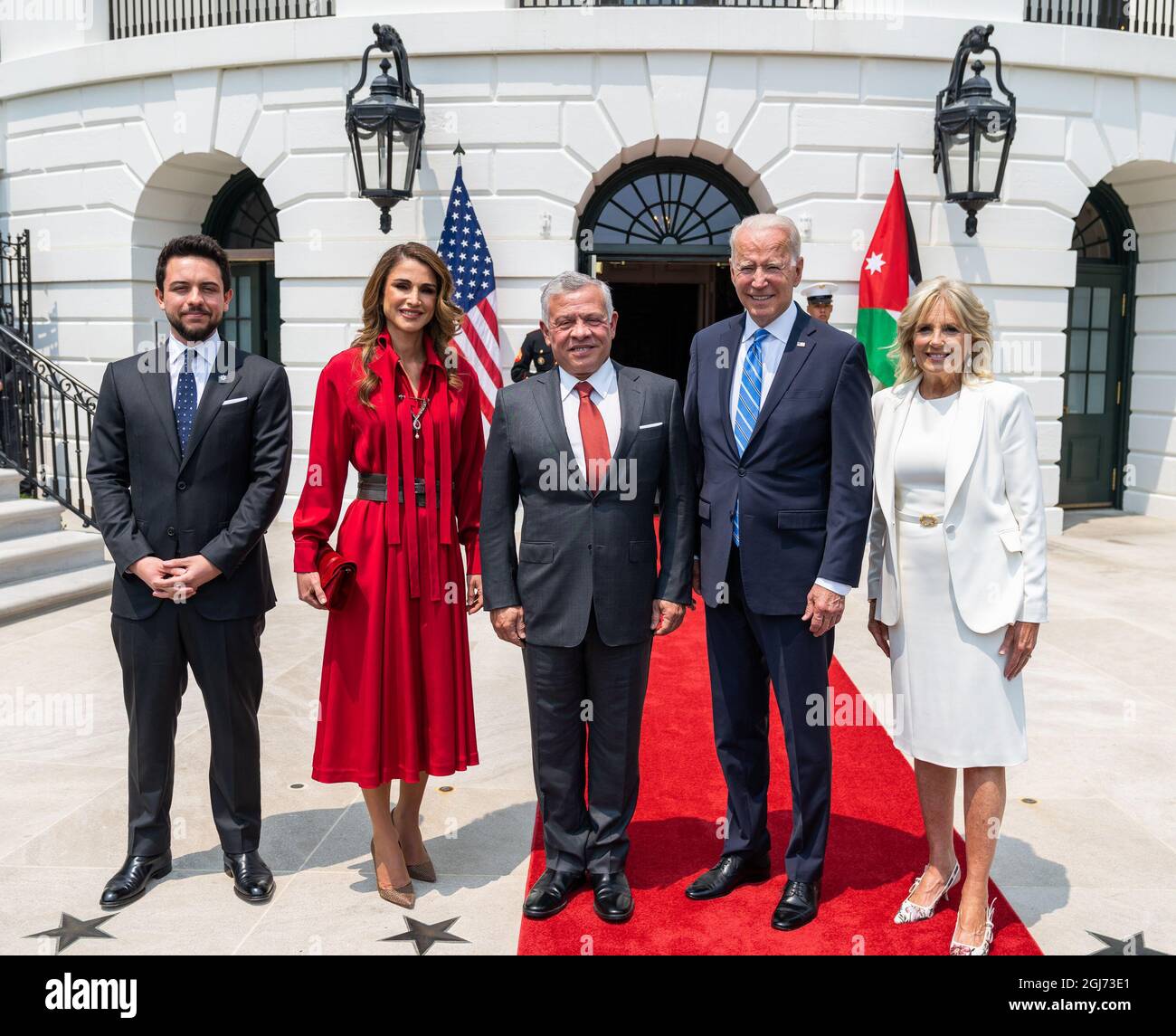 USA. 19th July, 2021. President Joe Biden, First Lady Jill Biden, King Abdullah II, Queen Rania, and the Crown Prince Al Hussein Bin Abdullah II of Jordan pose for a group photo on Monday, July 19, 2021, at the South Portico of the White House. (Official White House Photo by Adam Schultz via Credit: Sipa USA/Alamy Live News Stock Photo