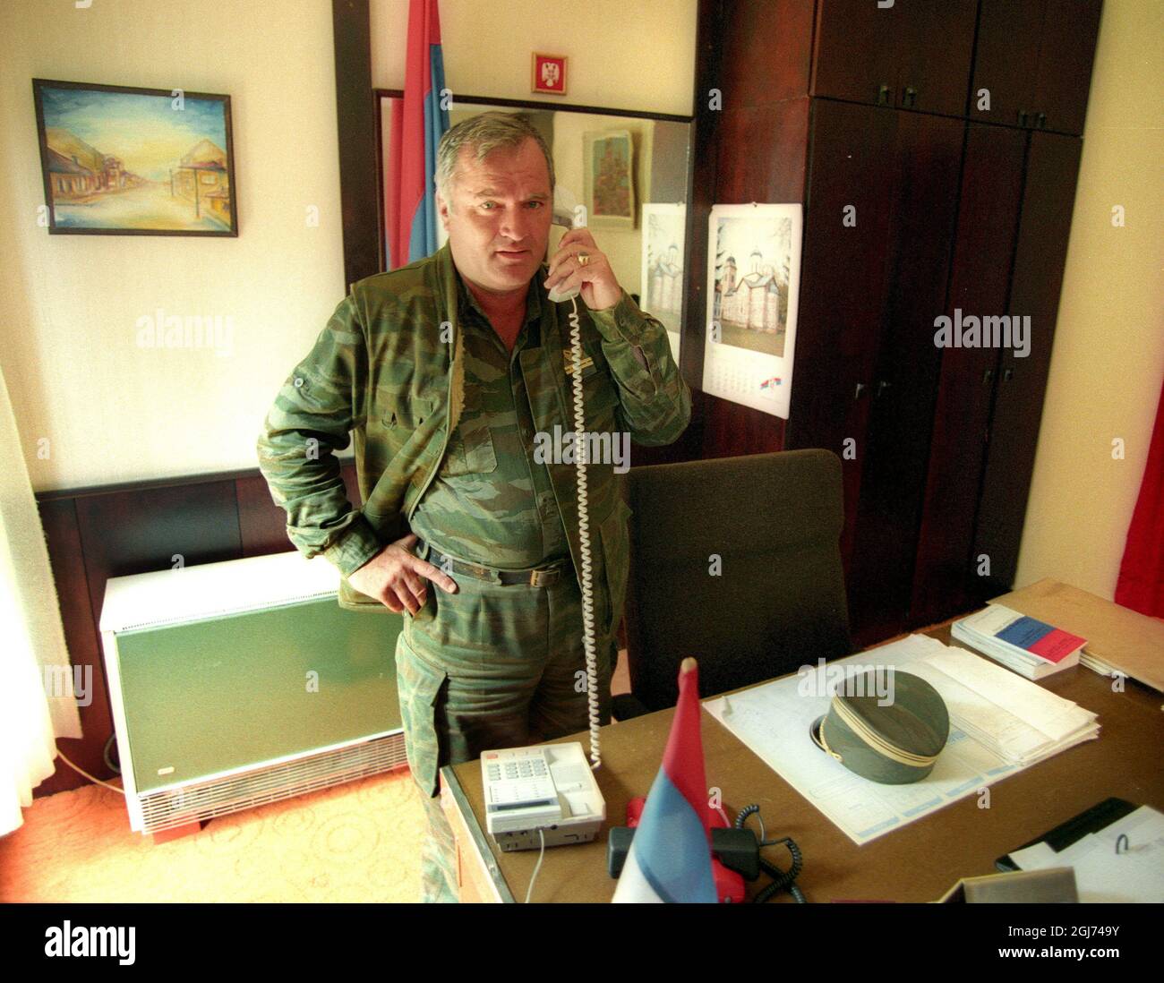 Ratko Mladic, Supreme Commander of the Serbian forces in Bosnia during the war, in Han Pijesak, Bosnia Stock Photo