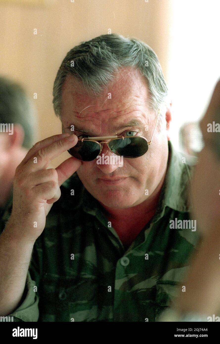 Ratko Mladic, Supreme Commander of the Serbian forces in Bosnia during the war, in Han Pijesak, Bosnia Stock Photo