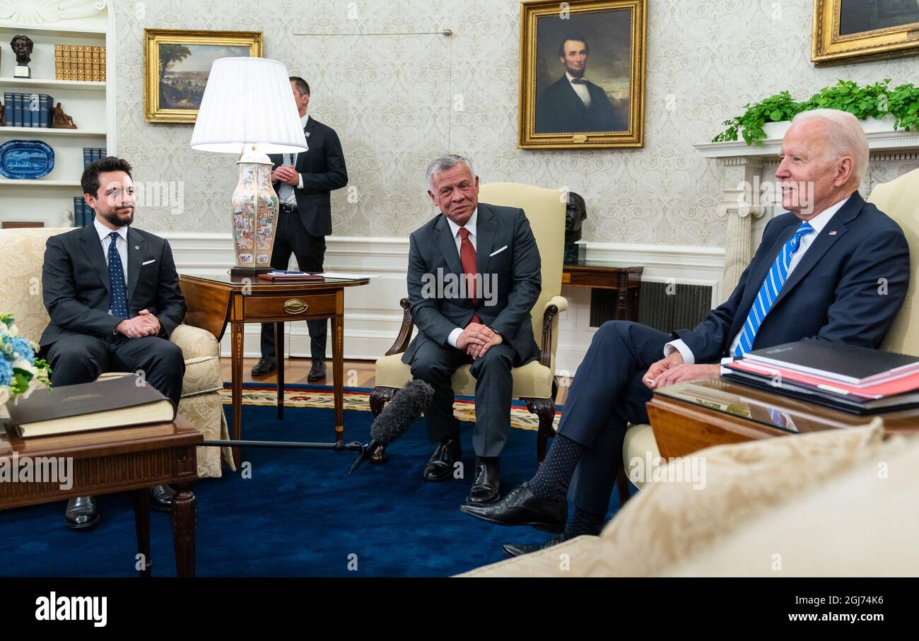 USA. 19th July, 2021. President Joe Biden meets with King Abdullah II and Crown Prince Al Hussein Bin Abdullah II of Jordan on Monday, July 19, 2021, in the Oval Office of the White House. (Official White House Photo by Adam Schultz via Credit: Sipa USA/Alamy Live News Stock Photo