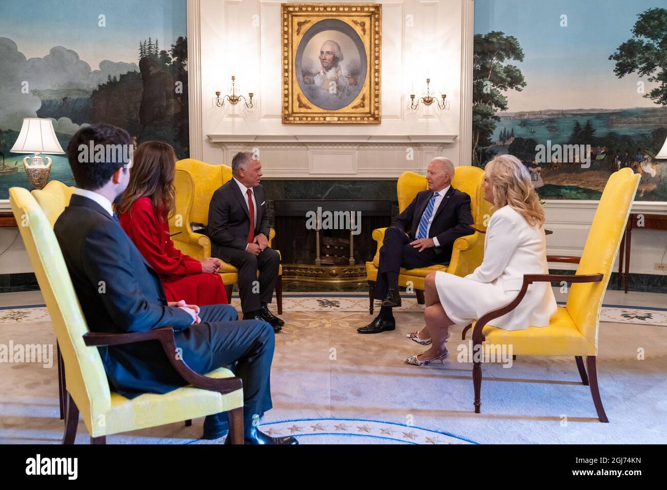 USA. 19th July, 2021. President Joe Biden and First Lady Jill Biden meet with King Abdullah II, Queen Rania, and the Crown Prince Al Hussein Bin Abdullah II of Jordan on Monday, July 19, 2021, in the Diplomatic Reception Room of the White House. (Official White House Photo by Adam Schultz via Credit: Sipa USA/Alamy Live News Stock Photo