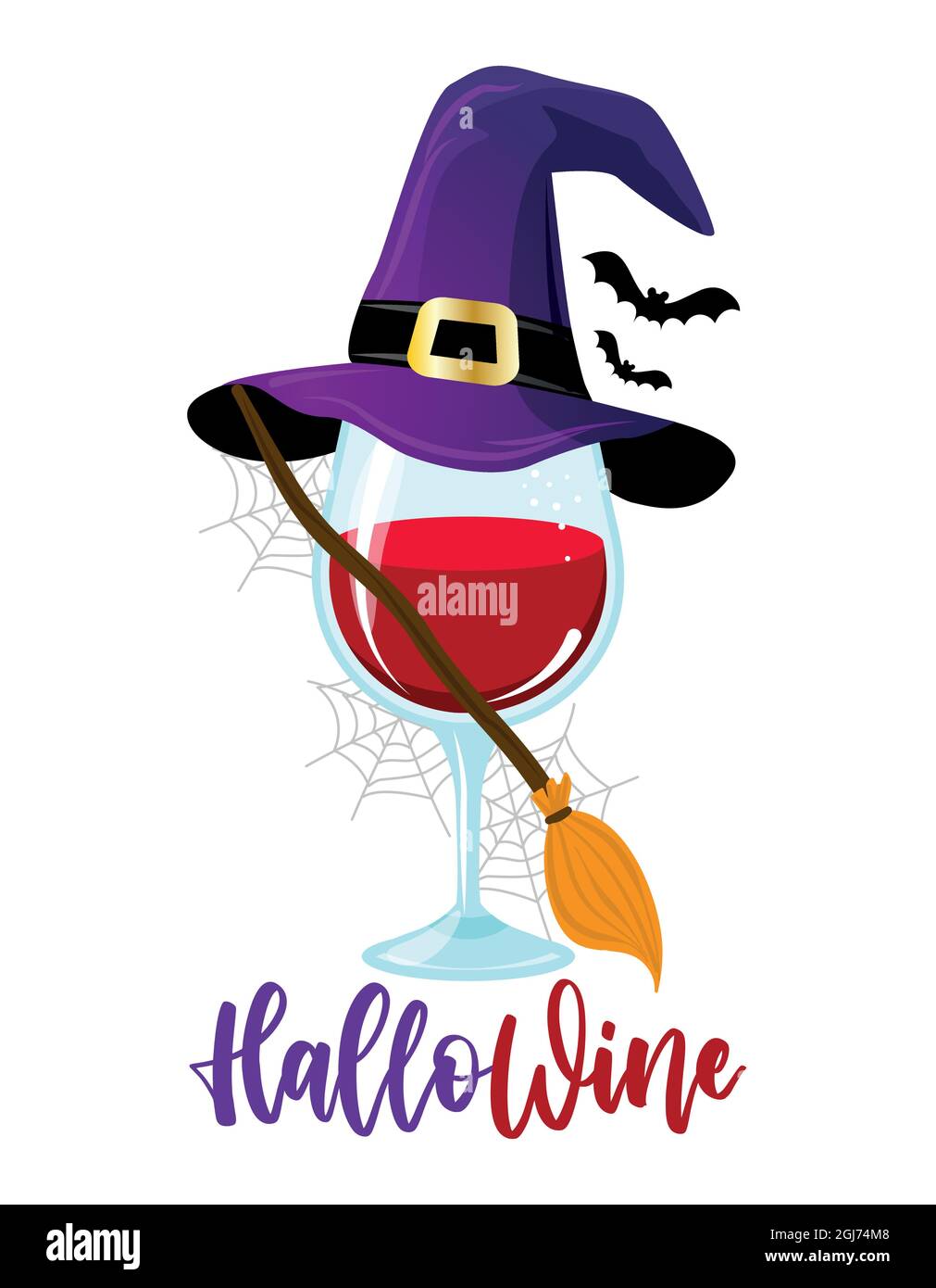 Happy Hallo Wine (Halloween) One glass on Wine in witch costume. - red wine with witch hat, broomstick and bats. Happy Halloween decoration. My brooms Stock Vector