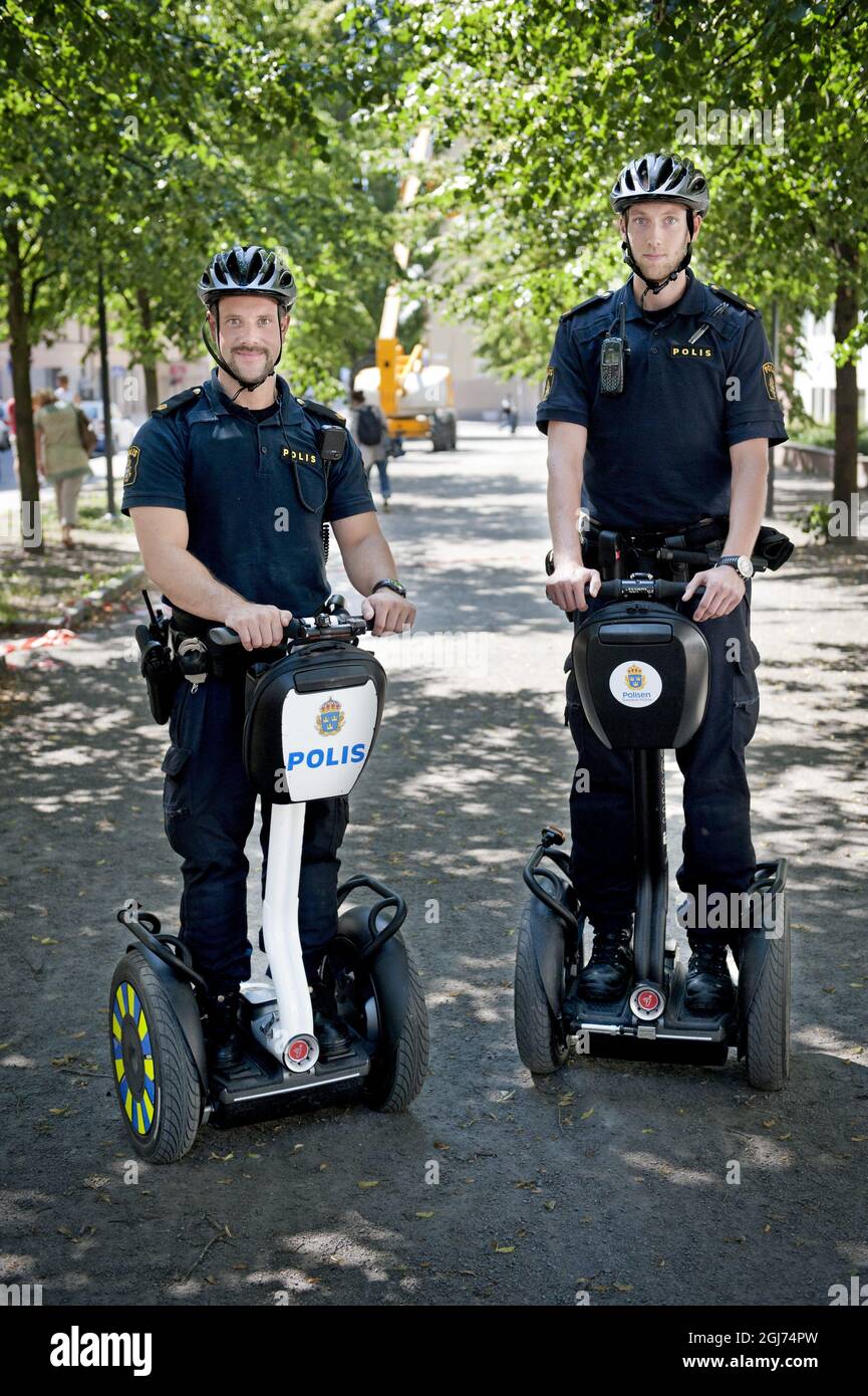 STOCKHOLM 2011-07-06 Police officers are seen patrolling on a Segway in  central Stockholm, Sweden, July 6, 2011. The Stockholm police are going to  test the Segway when patrolling the cityÂ´s streets during