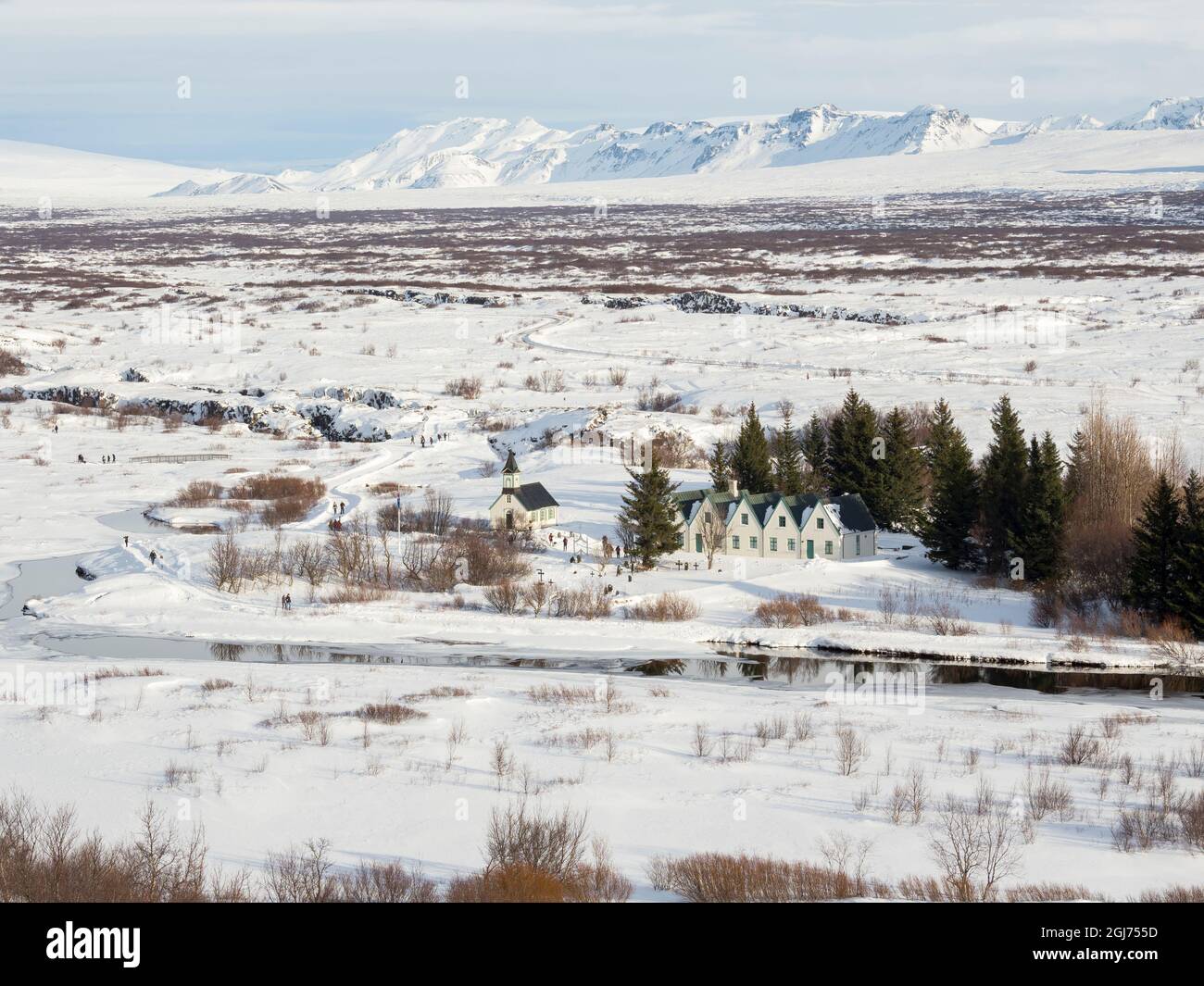 Iceland, Thingvellir National Park, part of UNESCO World Heritage Site, covered in fresh snow during winter. Stock Photo