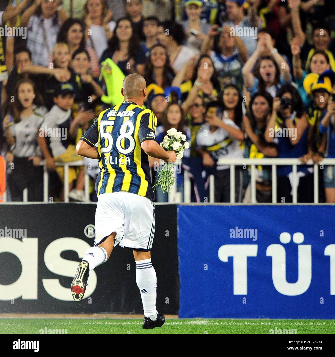 ISTANBUL 2011-09-20 Fenerbahce's Bilica. More than 41,000 women and children filled Sukru Saracoglu Stadium to watch Fenerbahce play against Manisapor in Turkish League soccer match in Istanbul, Turkey, Tuesday, Sept. 20. 2011. Turkey came up with a radical solution for tackling crowd violence at football matches ban the men and let only women and children in. Under new rules approved by Turkey's football association, only women and children under the age of 12 will be admitted to watch games for free involving teams which have been sanctioned for unruly behavior by their fans. Fenerbahce was  Stock Photo