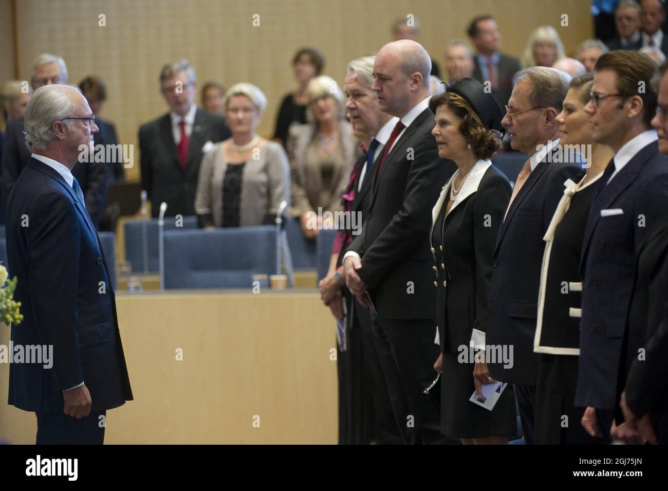 King Carl Gustaf with Prime Minister Fredrik Reinfeldt, Queen Silvia, Speaker of the House of Parliament, Per Westerberg, Crown Princess Victoria and Prince Daniel during the opening of the House of the Parliament in Stockholm, Sweden, September 15, 2011. Stock Photo