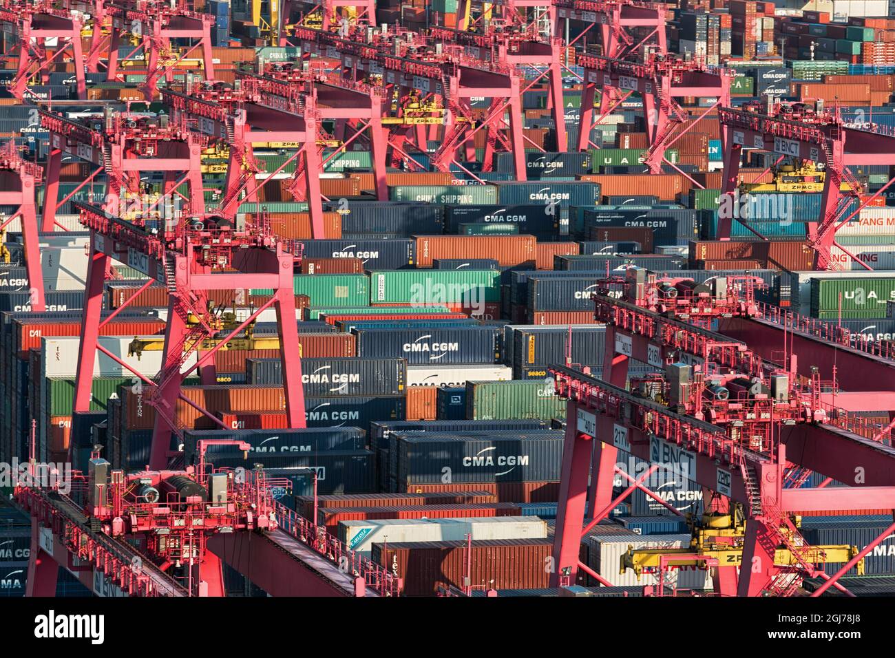 BUSAN, KOREA, SOUTH - Dec 12, 2015: The cranes and shipping containers ...