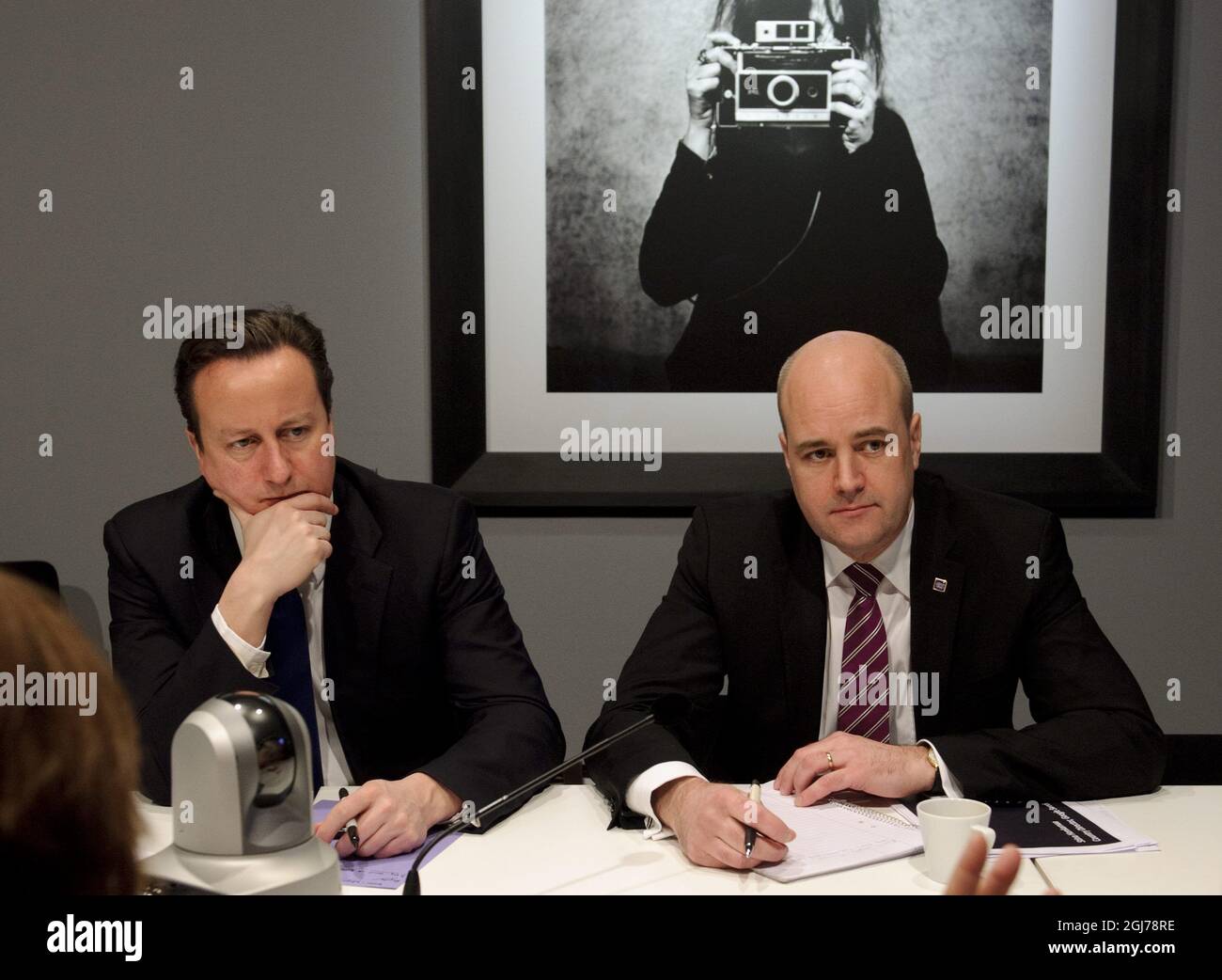 STOCKHOLM 20120209 Britain's Prime Minister David Cameron (L) and Swedish Prime Minister Fredrik Reinfeldt (R) attend the Northern Future Forum at the Photographic Museum in Stockholm, Sweden on February 9, 2012, where the Baltic and Scandinavian and British leaders will meet to exchange experiences and discuss how to achieve long-term sustainable growth alongside the urgent economic crisis management that has dominated European affairs in recent years. Foto: Henrik Montgomery / SCANPIX Kod: 10060 Stock Photo