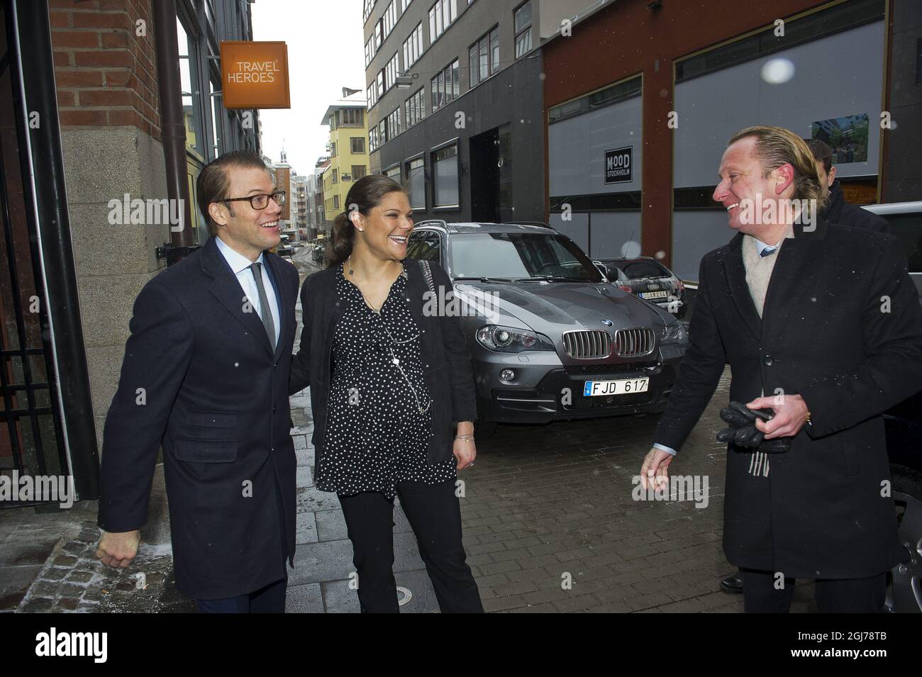 Crown Princess Victoria and Prince Daniel are seen arriving for a visit to the SNS - Centre for Business and Policy Studies in Stockholm, Sweden, February 9, 2012. This was the Royal couple's last official engagement together before the birth of the Royal baby. At right Johan T Lindwall, reporter at newspaper Expressen. Foto: Suvad Mrkonjic / XP / SCANPIX / kod 7116 **OUT SWEDEN OUT** Stock Photo