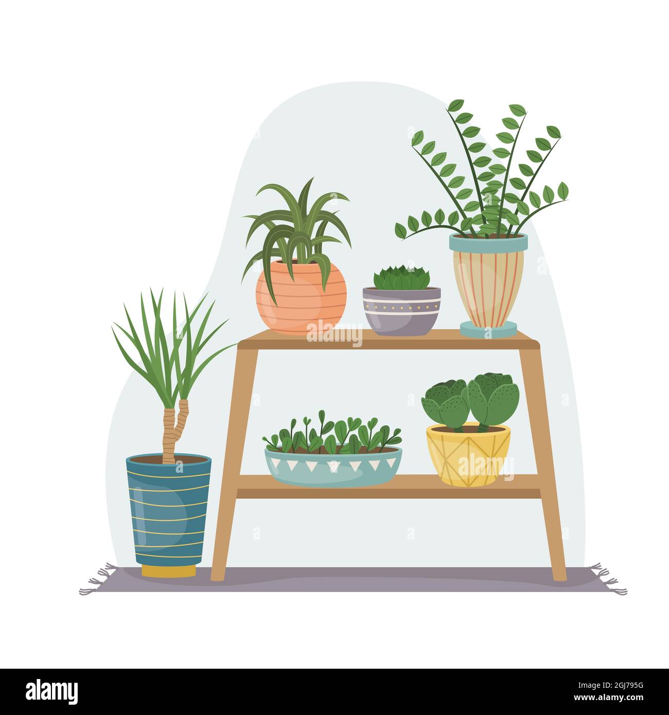 The flat illustration with house pants in pots. Planting. Decorative plants in the interior of the house. Flat style. Stock Vector