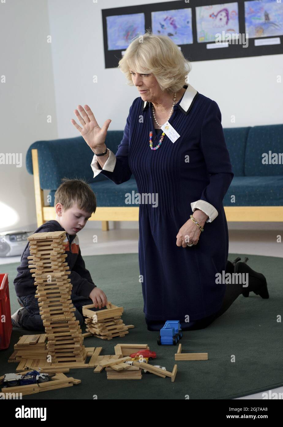 STOCKHOLM 2012-03-23  Britain's Camilla Duchess of Cornwall  visited together with Sweden's Queen Silvia the preschool Pumpan in Solna outside Stockholm on Friday. Prince Charles and Camilla Duchess of Cornwall visit to Sweden continued on Friday. Foto: Henrik Montgomery / SCANPIX / Kod 10060   Stock Photo