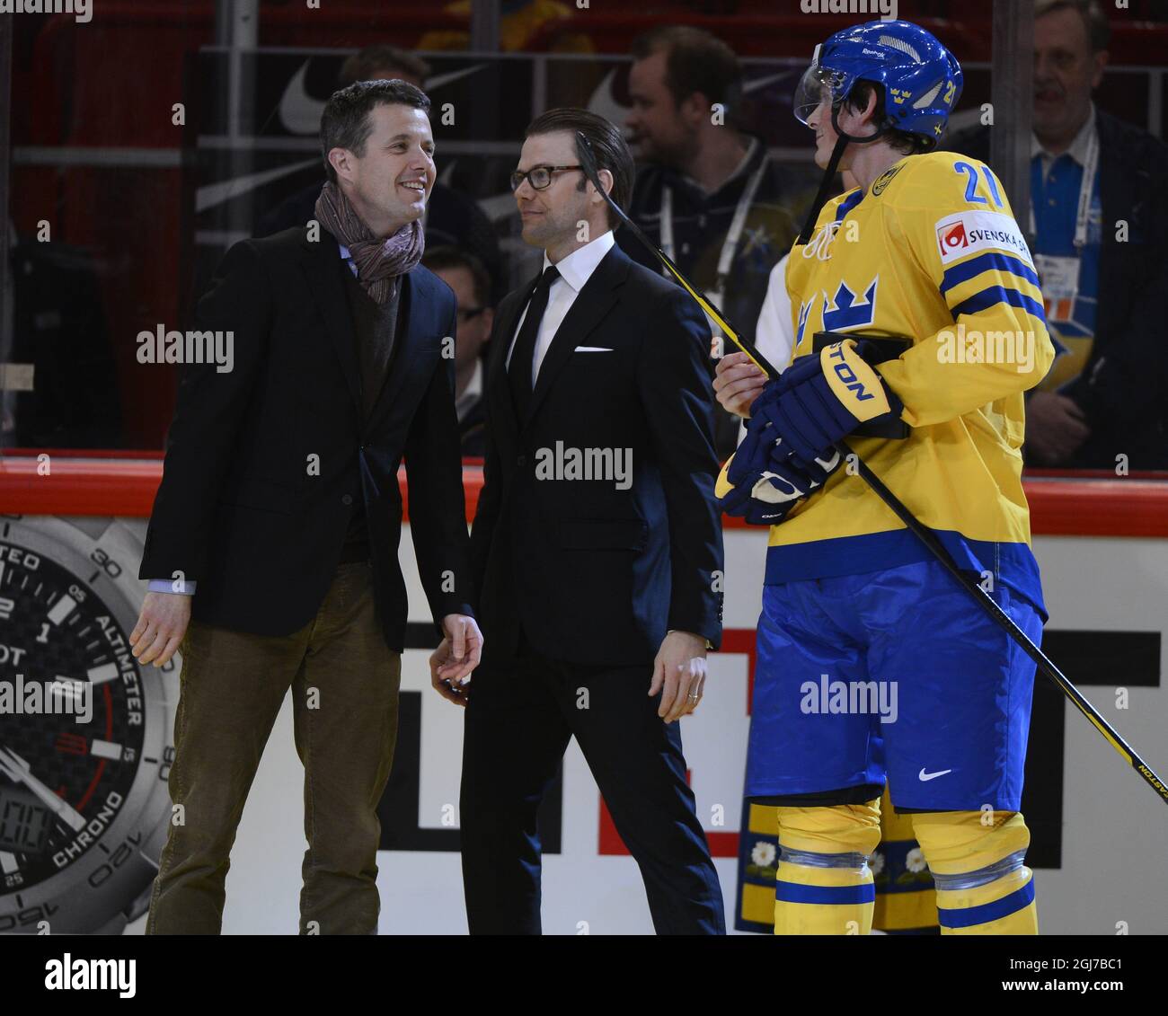 STOCKHOLM 2012-05-07 Swedish player Loui Eriksson receives the price Swedish best player of the match from Denmarks Crown Price Frederik and Sweden's Price Daniel after the ice hockey game between Denmark and Sweden during the 2012 IIHF men's ice hockey World Championship in Stockholm May 7, 2012. Foto Claudio Bresciani  / SCANPIX / kod 10090 Stock Photo