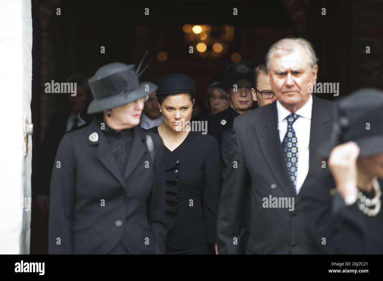 BASTAD 2012-05-14 Crown Princess Victoria is seen between Queen Margreth and Prince Consort Henrik of Denmark during the funeral of Count Carl Johan Bernadotte in the Maria Church in Bastad, Sweden, May 14, 2012. Foto: Suvad Mrkonjic / XP / SCANPIX / kod 7116 ** OUT SWEDEN OUT T ** Stock Photo