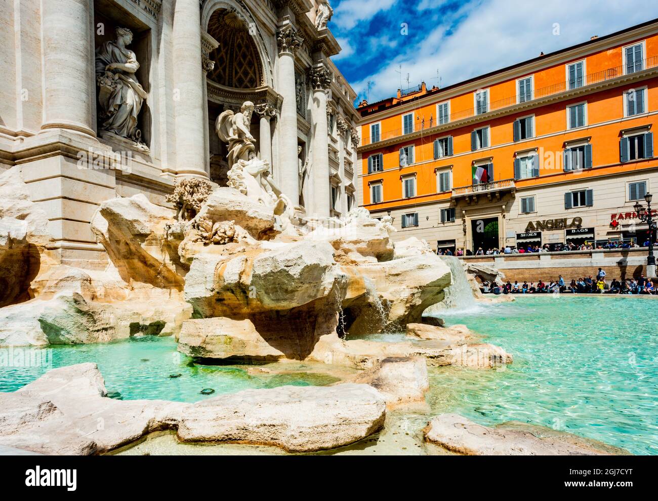 Italy, Rome. The Trevi Fountain, designed by Nicola Salvi. Aqua Virgo, 'Ocean' in center and four allegorical figures on sides representing value of r Stock Photo
