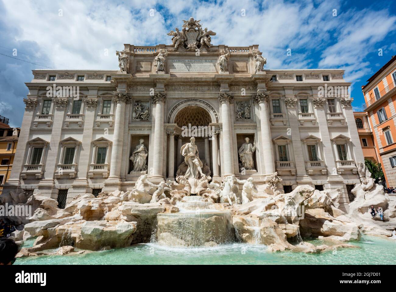 Italy, Rome. The Trevi Fountain, designed by Nicola Salvi. Aqua Virgo, 'Ocean' in center and four allegorical figures on sides representing value of r Stock Photo
