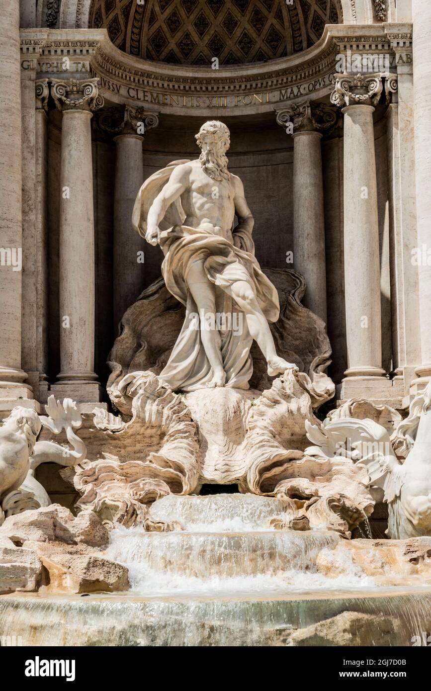 Italy, Rome. The Trevi Fountain, designed by Nicola Salvi. Aqua Virgo, 'Ocean' in center and four allegorical figures on sides representing value of r Stock Photo