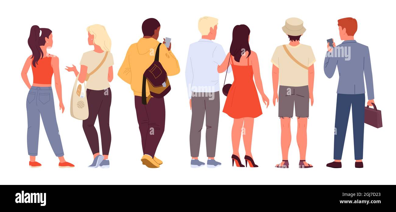 Man woman set, crowd of people backside view, young male female characters standing Stock Vector