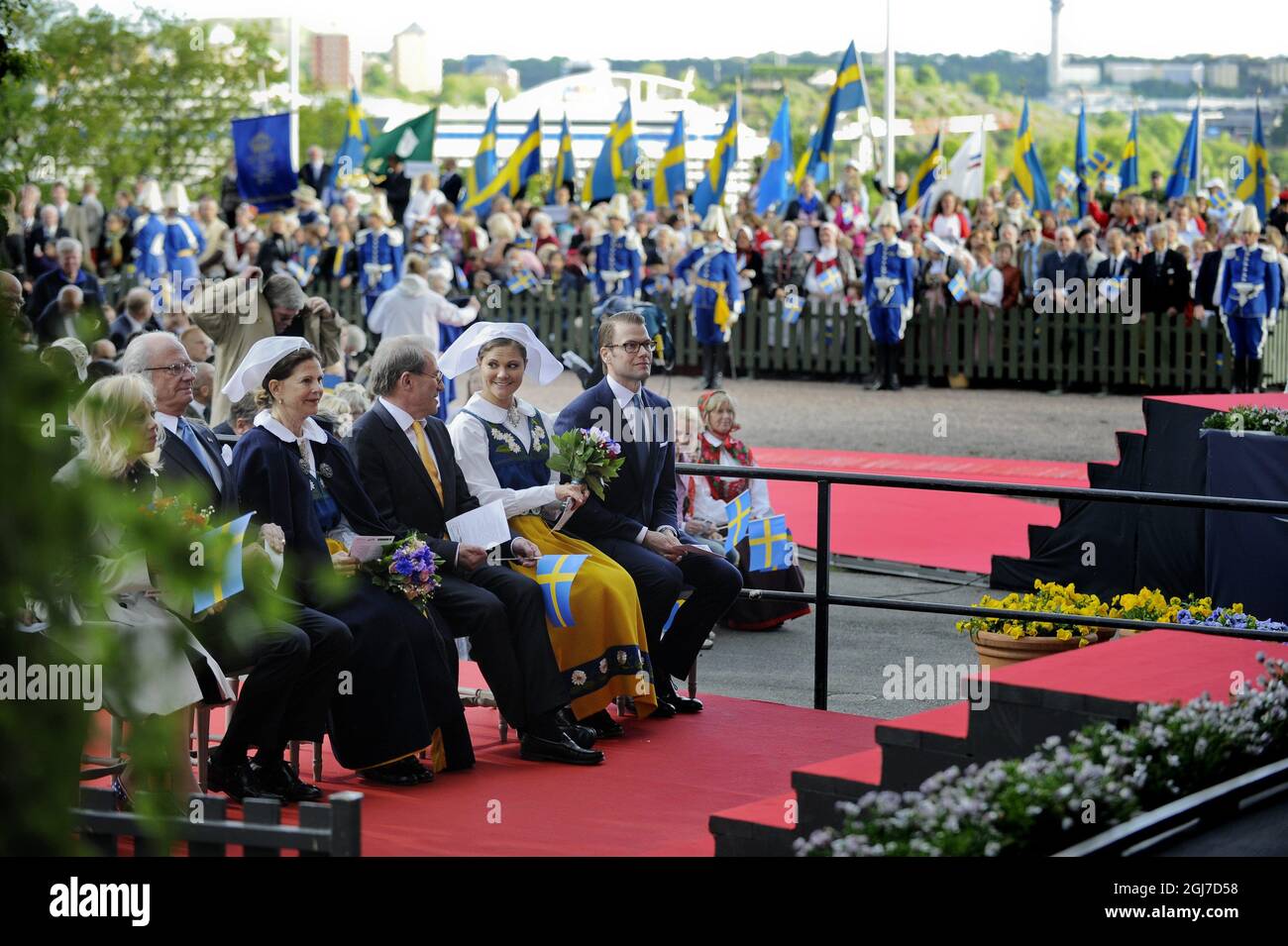 STOCKHOLM 20120606 (L-R) Swedish King Carl XVI Gustaf, Queen Silvia, Speaker of Parliament Per Westerberg, Crown Princess Victoria and Prince Daniel attend the celebration of the Swedish national day at Skansen Museum in Stockholm, Sweden, June 6, 2012. Photo: Jessica Gow / SCANPIX SWEDEN / Code 10070                     Stock Photo