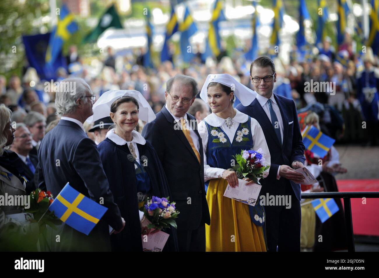 STOCKHOLM 20120606 (L-R) Swedish King Carl XVI Gustaf, Queen Silvia, Speaker of Parliament Per Westerberg, Crown Princess Victoria and Prince Daniel arrive to Skansen Museum to celebrate the Swedish national day in Stockholm, Sweden, June 6, 2012. Photo: Jessica Gow / SCANPIX SWEDEN / Code 10070                     Stock Photo