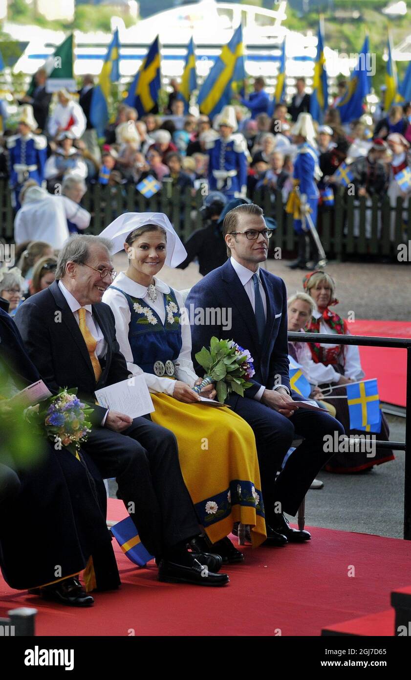 STOCKHOLM 20120606 (L-R) Swedish Speaker of Parliament Per Westerberg, Crown Princess Victoria and Prince Daniel attend the celebration of the Swedish national day at Skansen Museum in Stockholm, Sweden, June 6, 2012. Photo: Jessica Gow / SCANPIX SWEDEN / Code 10070                     Stock Photo
