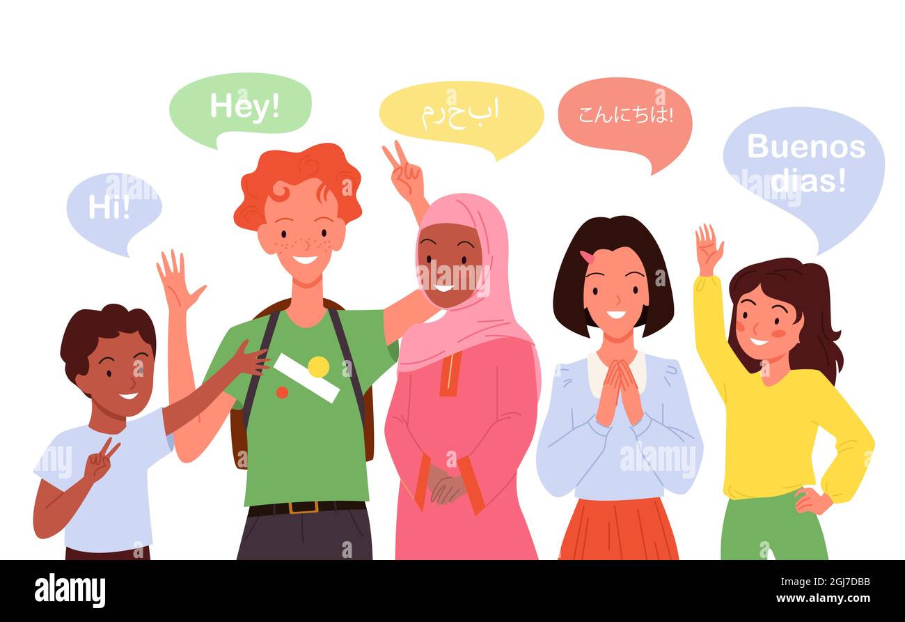 Cartoon group of multicultural multiethnic girl boy child characters standing, cute students. Children greeting, school kids say hi in different Stock Vector