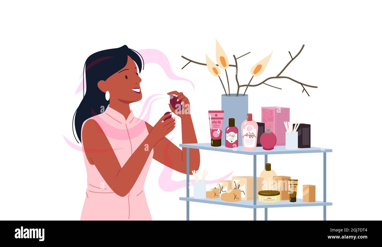 Girl choosing fashion perfume from assortment in beauty cosmetics store, applying process Stock Vector