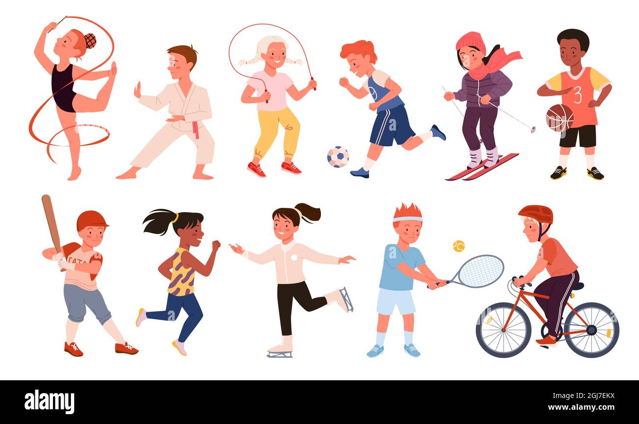 Kids doing sports exercises set vector illustration. Cartoon happy boy girl run, child play football soccer, baseball and tennis, jump rope, active Stock Vector