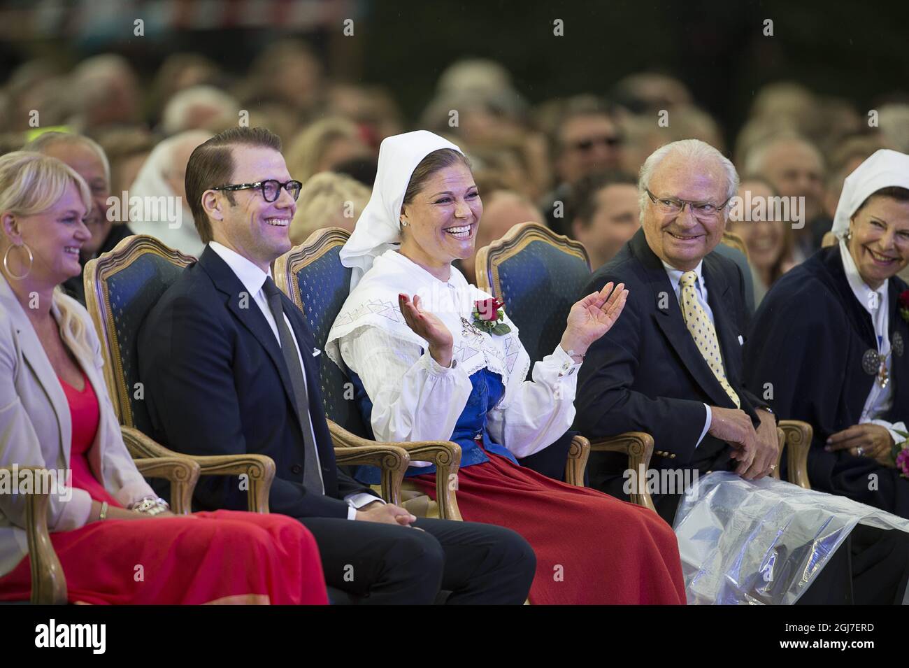 BORGHOLM 20120714 L-R: Curling player Anette Norberg, 2012 Victoria scholarship winner, Prince Daniel, Crown Princess Victoria, King Carl Gustaf and Queen Silvia during the celebrations of Crown Princess Victoria's 35th birthday on Saturday evening, in the city of Borgholm, on the island of Oland, where artists performed and Victoria handed out the annual Victoria scholarship.  Photo Jonas Ekstromer / SCANPIX code 10030  Stock Photo