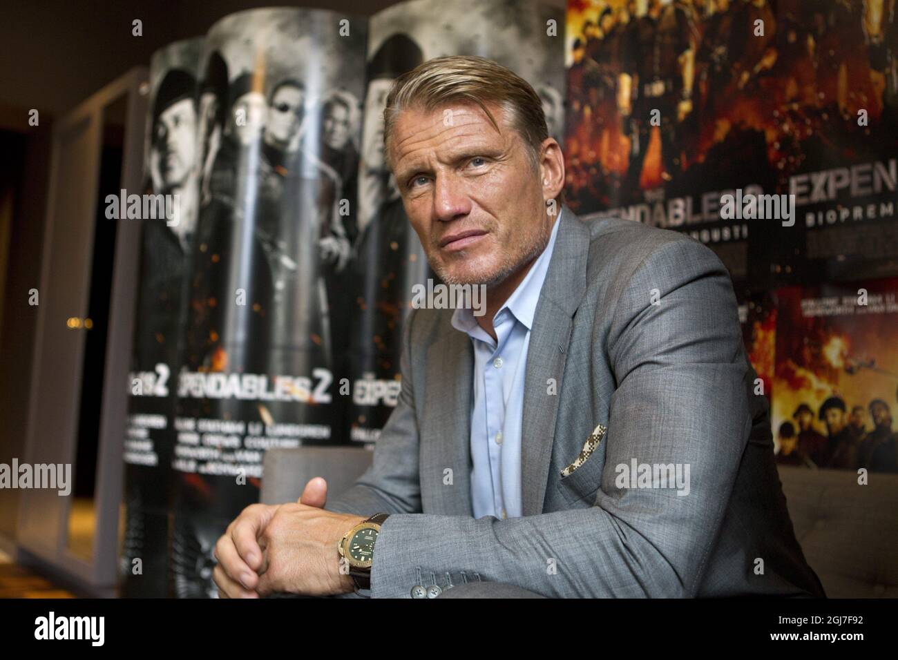 STOCKHOLM 20120821 Swedish actor Dolph Lundgren is seen posing for the photographer in Stockholm, Sweden, August 21, 2013. Dolph Lundgren is sin Sweden to promote his new movieÂ”Expendables 2Â”. Foto: Ylwa Yngvesson / XP / SCANPIX / kod 8517 ** OUT SWEDEN OUT ** Stock Photo