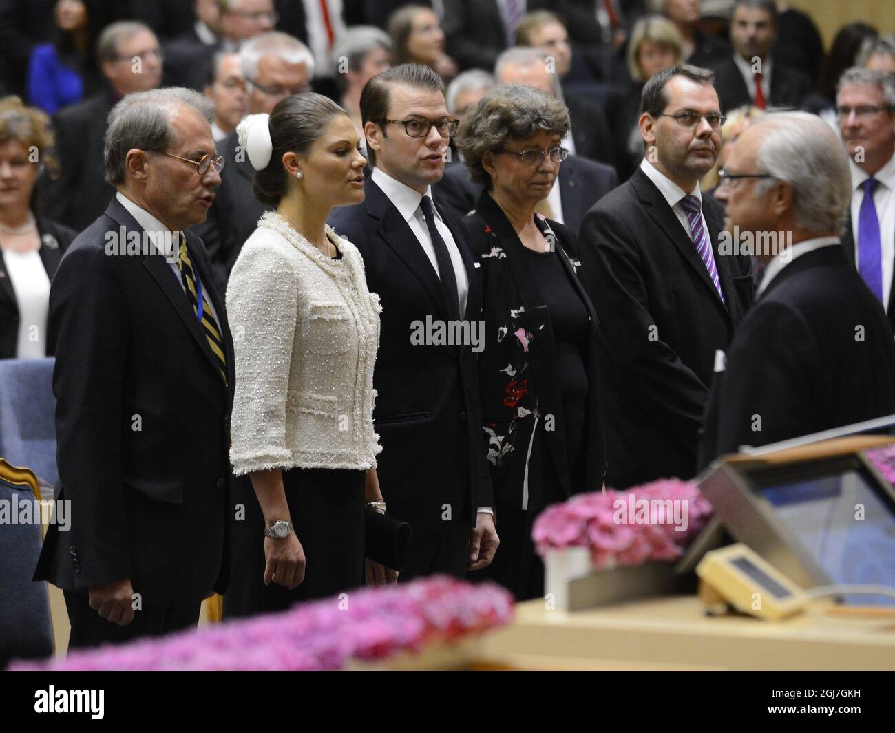 STOCKHOLM 2012-09-18 The Speaker of the Parliament Mr., Per Westerberg, Crown Prince Victoria and Prince Daniel and King Carl Gustaf are seen during the opening of the Parliament in Stockholm, Sweden, September 18, 2012.   Foto Claudio Bresciani / SCANPIX / kod 10090 Stock Photo
