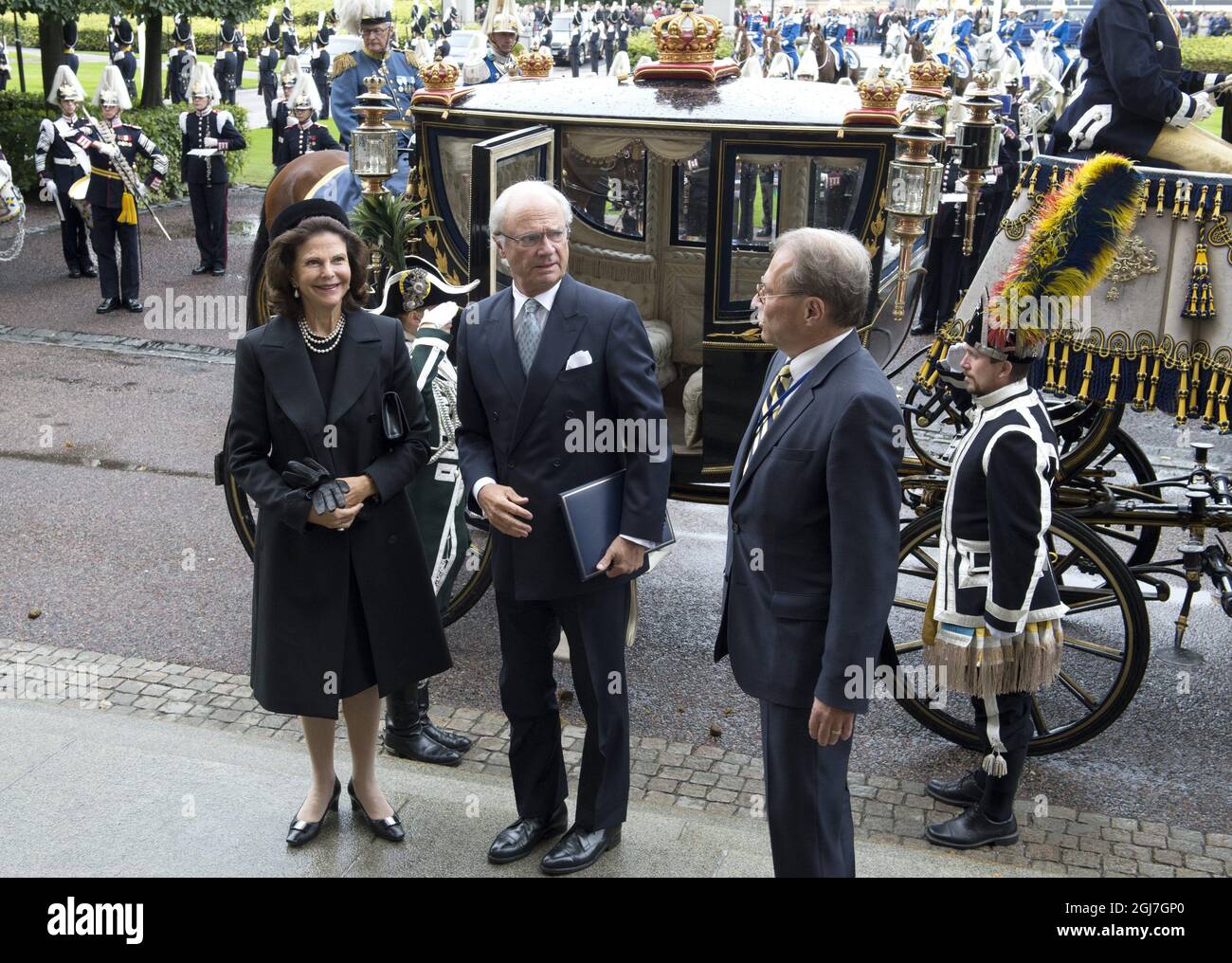STOCKHOLM 20120918 Queen Silvia, King Carl Gustaf and the Speaker of the House of Parliament Per Westerberg are seen arriving to the opening of the Parliament in Stockholm, Sweden, September 18, 2012. Foto Bertil Enevåg Ericson / SCANPIX / kod 10000   Stock Photo