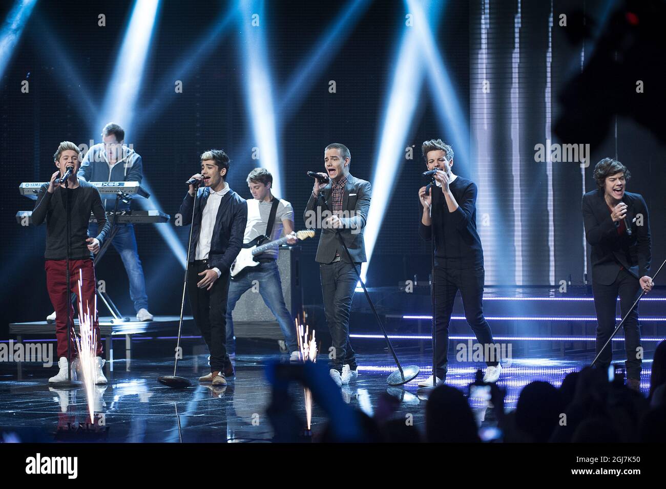 STOCKHOLM 20121102 British-Irish boy band One Direction performs live during the broadcast of the Swedish TV-programme X Factor in Stockholm, Sweden, on Friday, Nov. 02, 2012. Photo Jonas Ekstromer / SCANPIX code 10030 Stock Photo