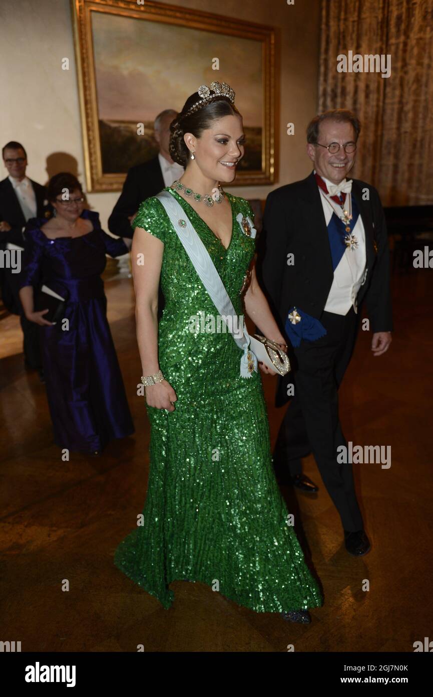 STOCKHOLM 2012-12-10 Crown Princess Victoria and Per Westerberg, Speaker of the House of Parliament at the Nobel Banquet in the City Hall in Stockholm Sweden, December 10, 2012. Photo Jessica Gow  / SCANPIX code 10070   Stock Photo