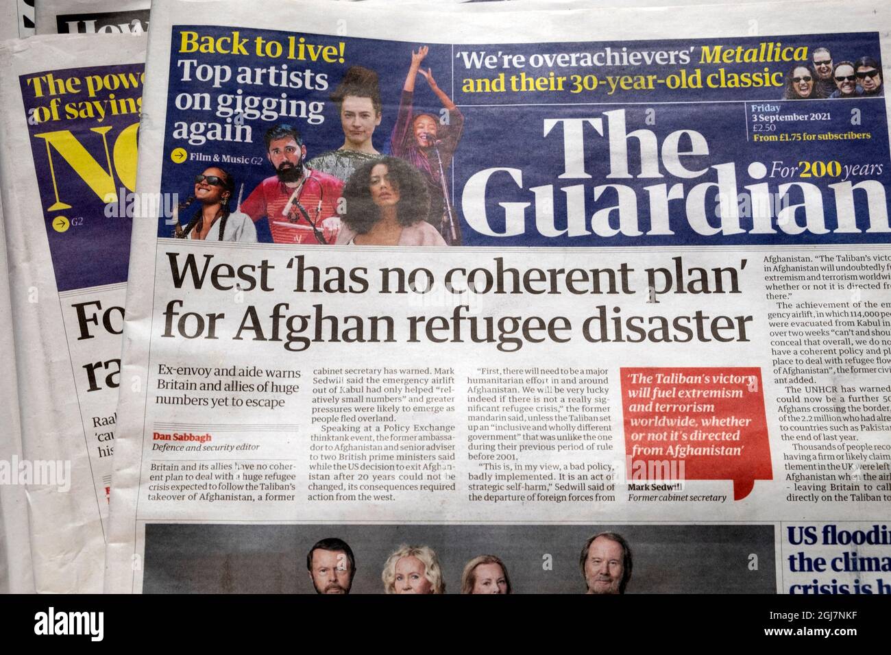 'West 'has no coherent plan' for Afghan refugee disaster' front page Guardian newspaper headline on 3 September 2021 in London England UK Stock Photo