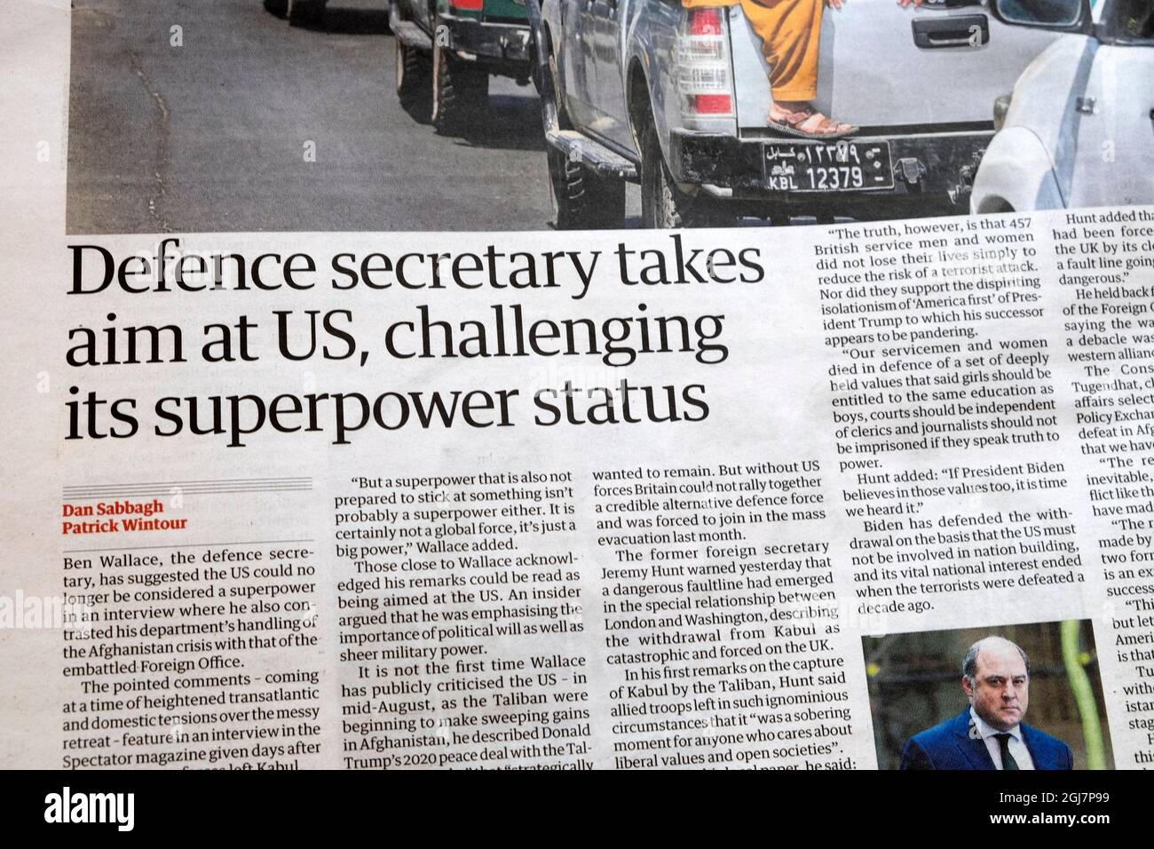 'Defence secretary takes aim at US, challenging its superpower status '  Guardian inside page newspaper headline 2 September 2021 London England UK Stock Photo