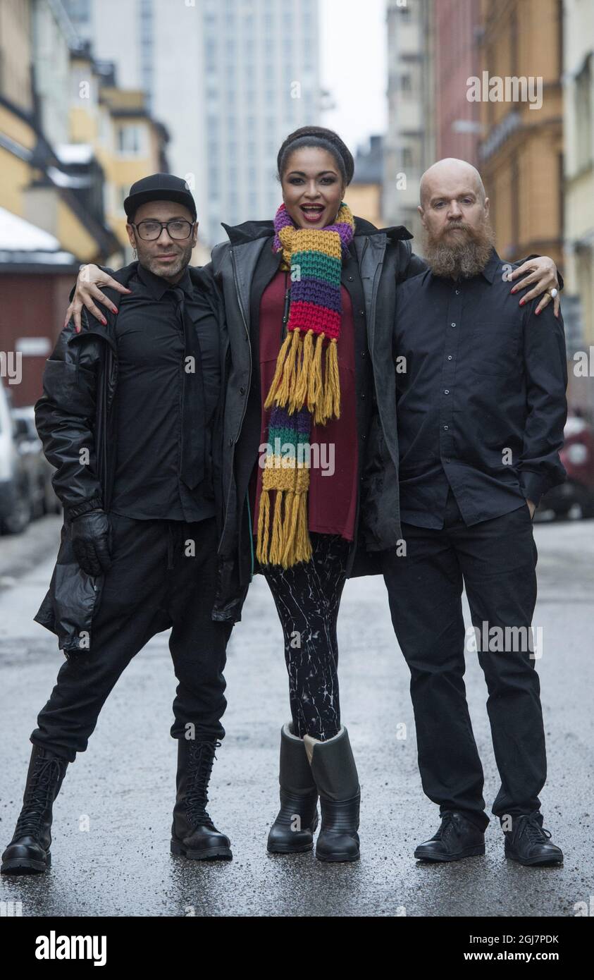 Singer Camilla Henemark of the band "Army of Lovers" are seen posing for  the photographer together with fellow band members Jean Paul Barda (left)  and Alexander Bard Stock Photo - Alamy