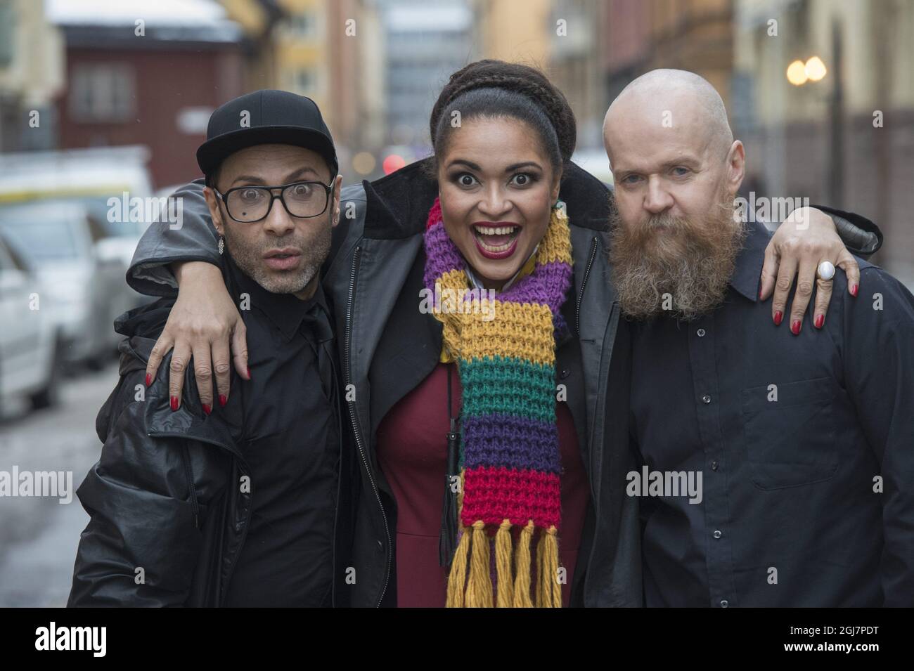 Singer Camilla Henemark of the band Army of Lovers are seen posing for  the photographer together with fellow band members Jean Paul Barda (left)  and Alexander Bard Stock Photo - Alamy