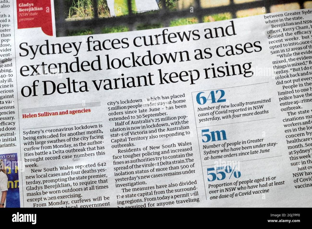 'Sydney faces curfews and extended lockdown as cases of Delta variant keep rising' Guardian newspaper headline September 2021 London England UK Stock Photo