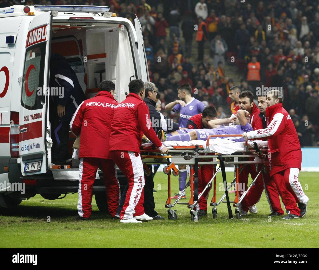 Orduspor's David Barral is stretchered off the field of play and on to a waiting ambulance during their Turkish Superleague soccer match Galatasaray between Orduspor at the AliSamiyen Spor Kompleksi TT arena in Istanbul Turkey. Stock Photo