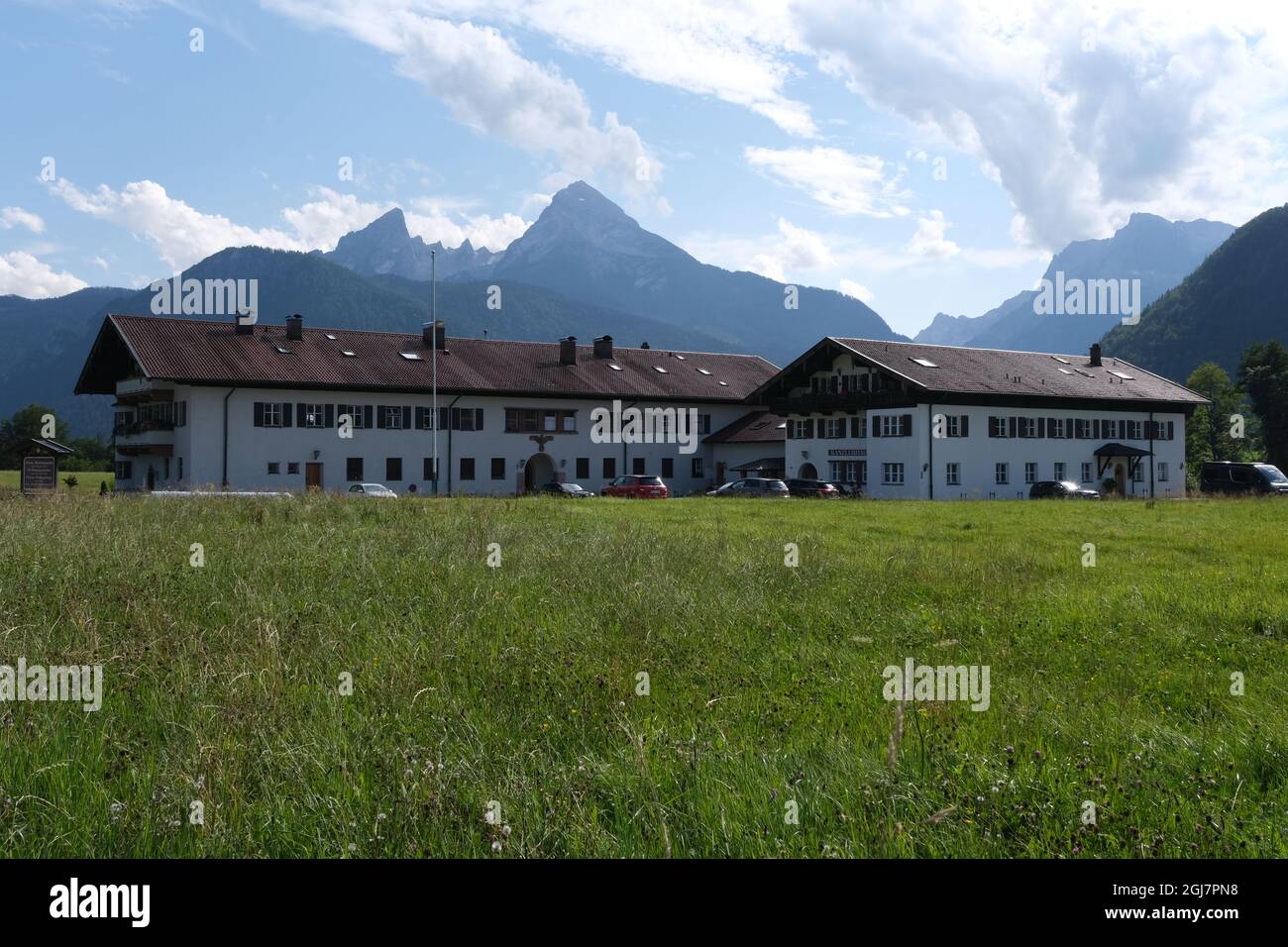 Berchtesgaden, Germany - August 10, 2021: What remains of the Reich Chancellor in the Obersalzberg. Eagle symbol on the wall. Sunny summer day Stock Photo