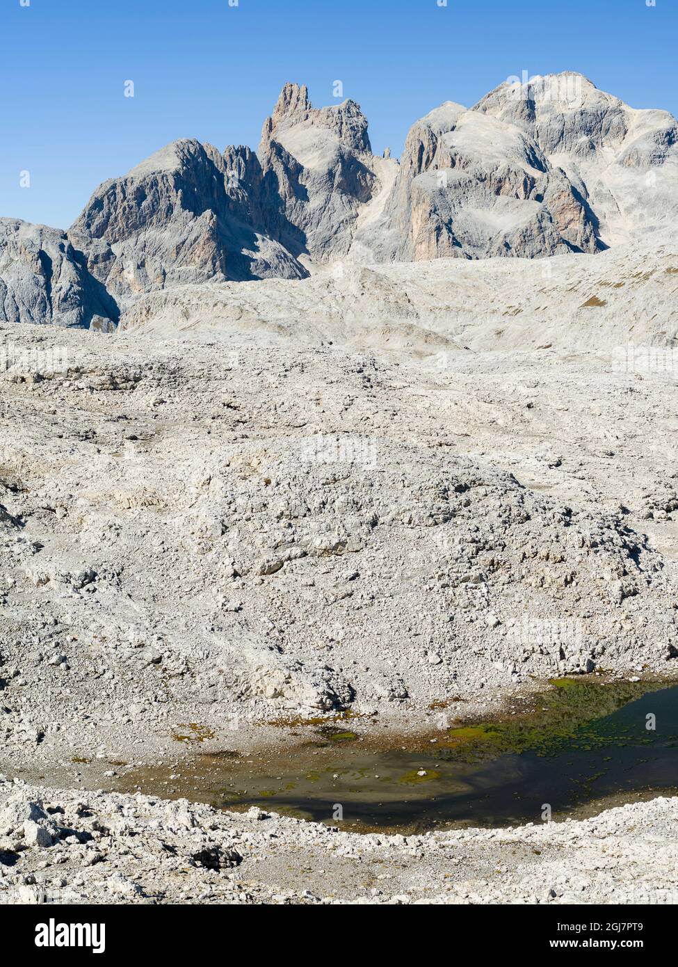 View towards Cimon della Pala, Cima della Vezzana. The alpine plateau Altiplano delle Pale di San Martino in the Pala group (UNESCO World Heritage Sit Stock Photo