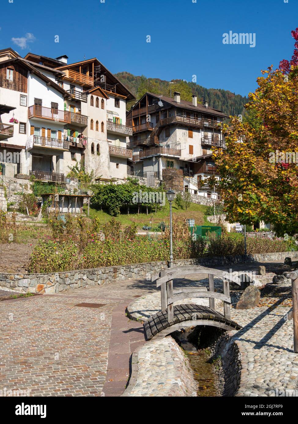 Traditional architecture of the Primiero. Tonadico in the valley of Primiero in the Dolomites of Trentino, Italy. Stock Photo